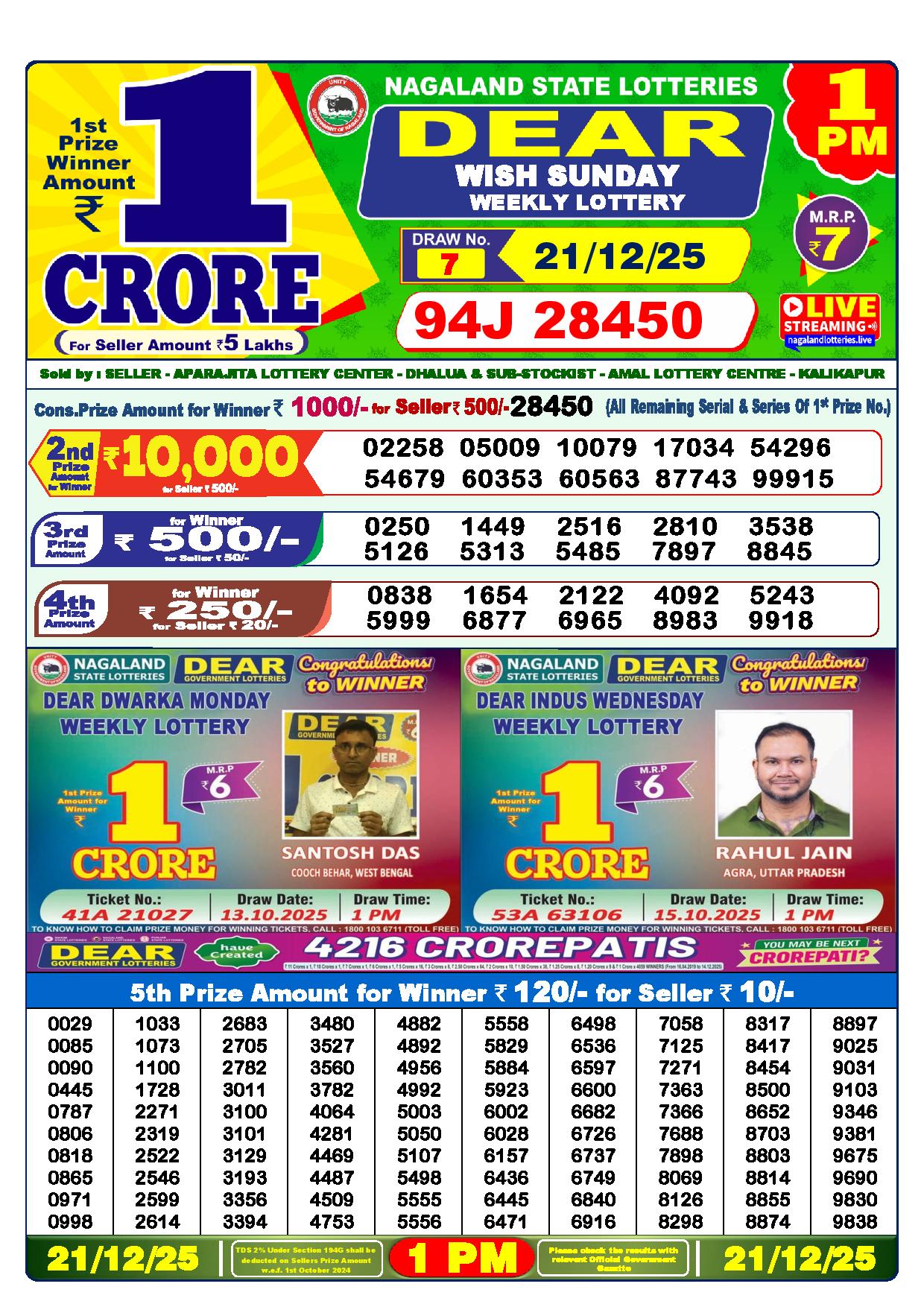 Dear Lottery Result 1 PM - 21.12.2025