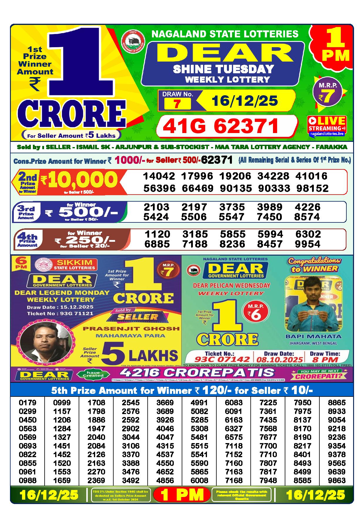 Dear Lottery Result Today 1 PM - 16 Dec 2025