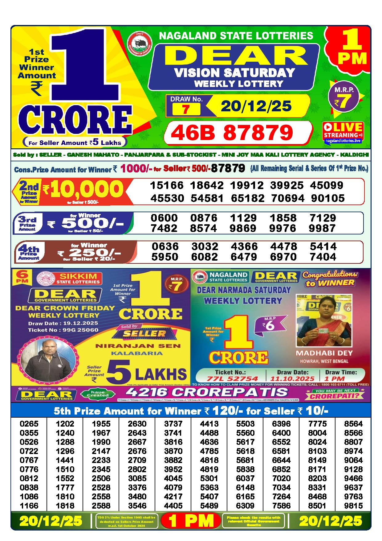 Dear Lottery Result Today 1 PM - 20.12.2025