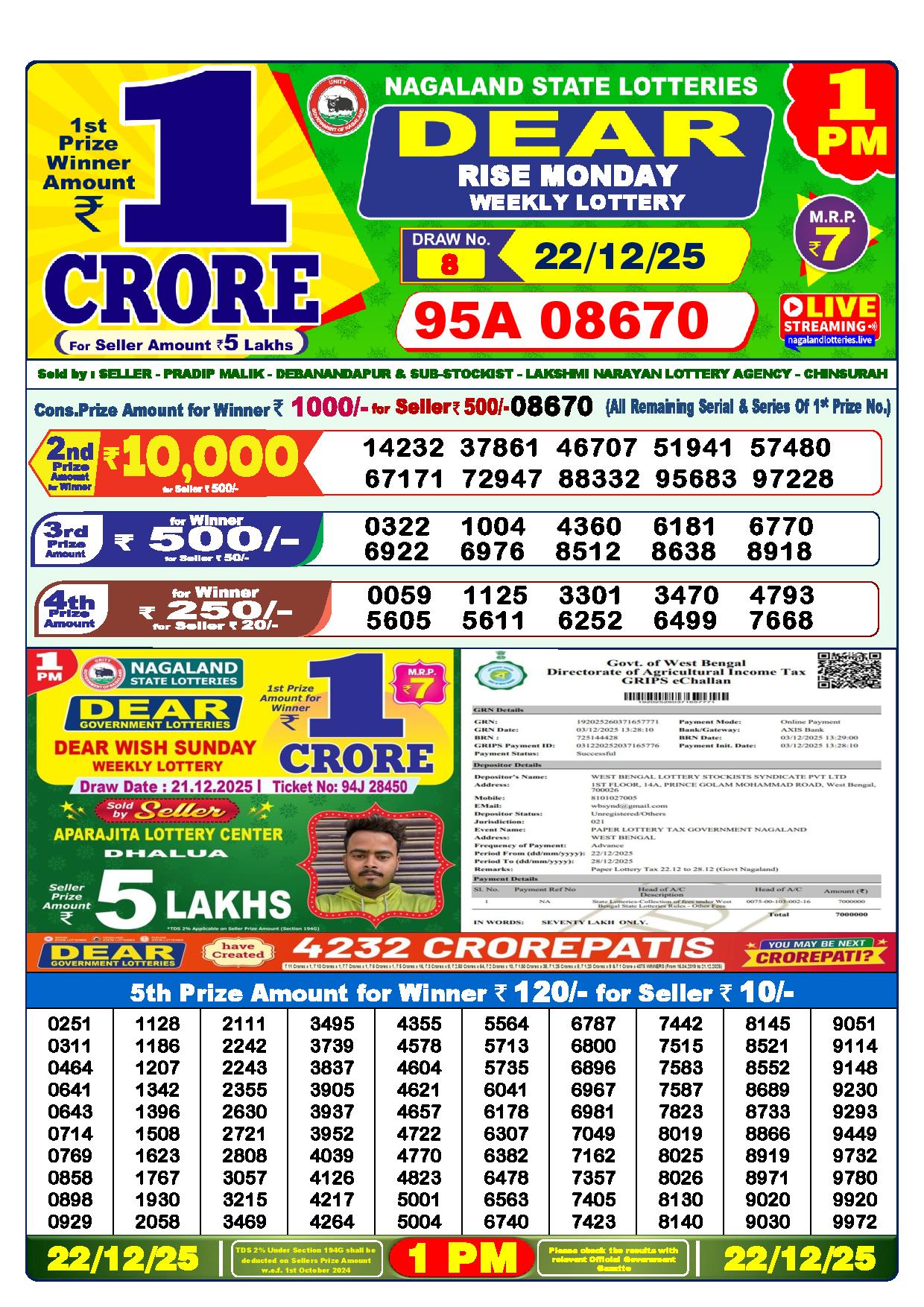 Dear Lottery Result Today 1 PM -22 Dec 2025