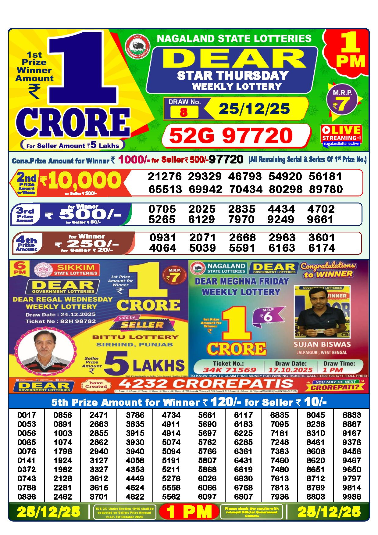 Dear Lottery Result Today 1 PM - 25 Dec 2025