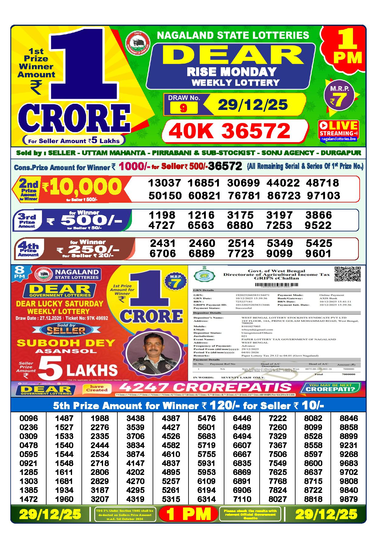 Dear Lottery Result Today 1 PM - 29 Dec 2025