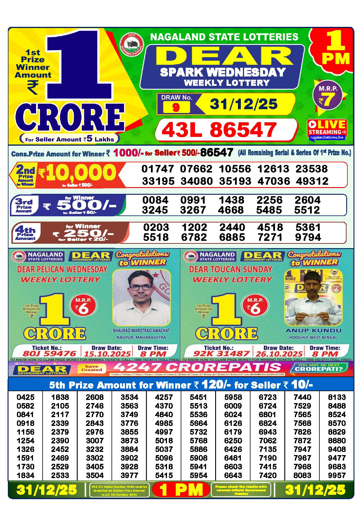 Dear Lottery Result Today 1 PM - 31 Dec 2025