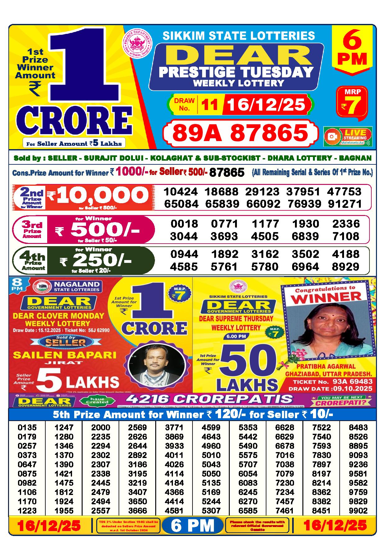 Dear Lottery Result Today 6 PM - 16 Dec 2025
