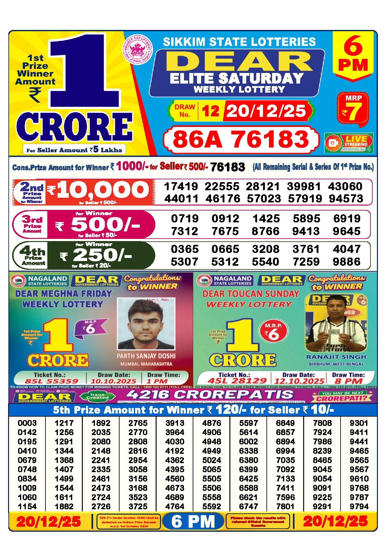 Dear Lottery Result Today 6 PM - 20.12.2025