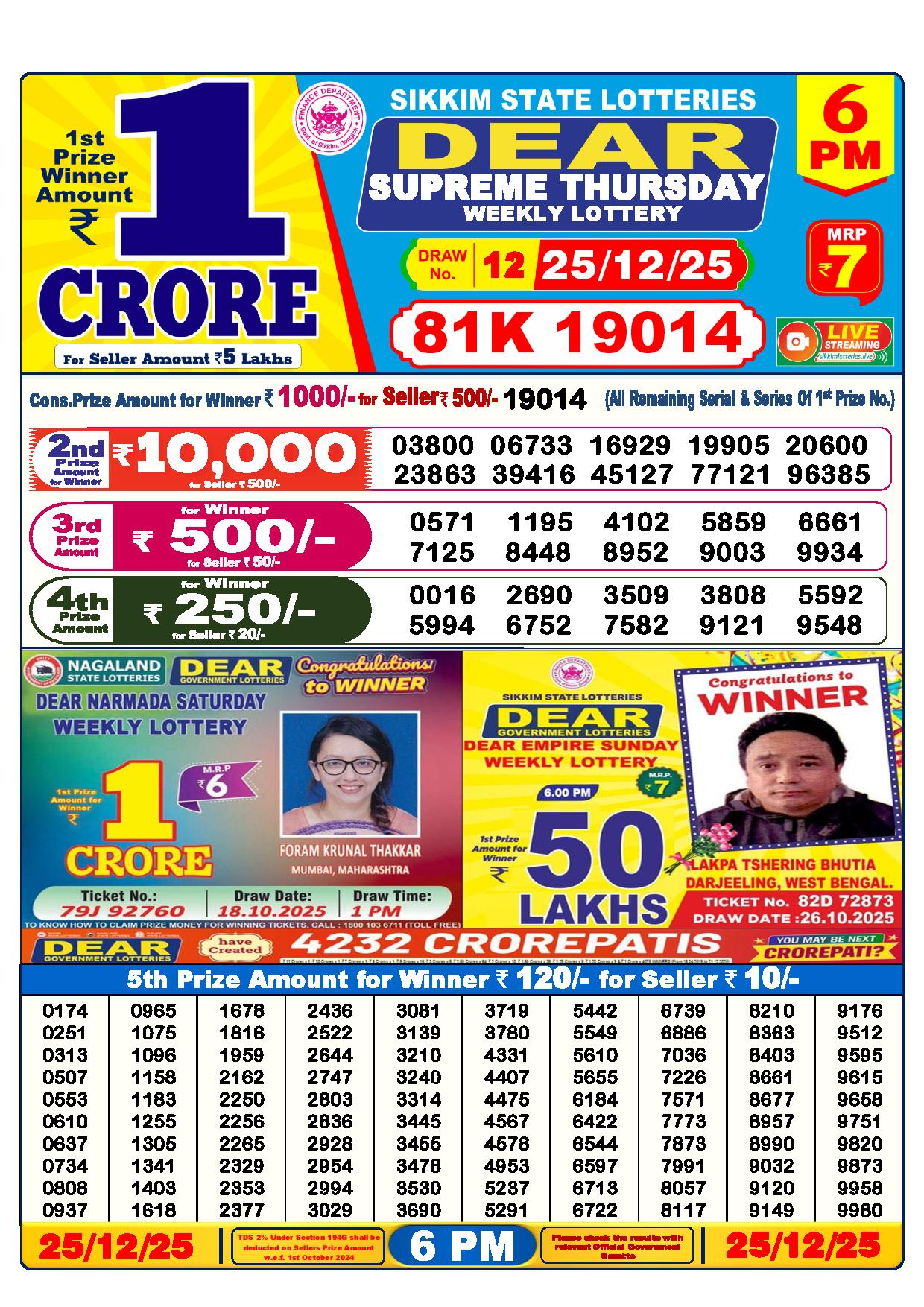 Dear Lottery Result Today 6 PM - 25 Dec 2025