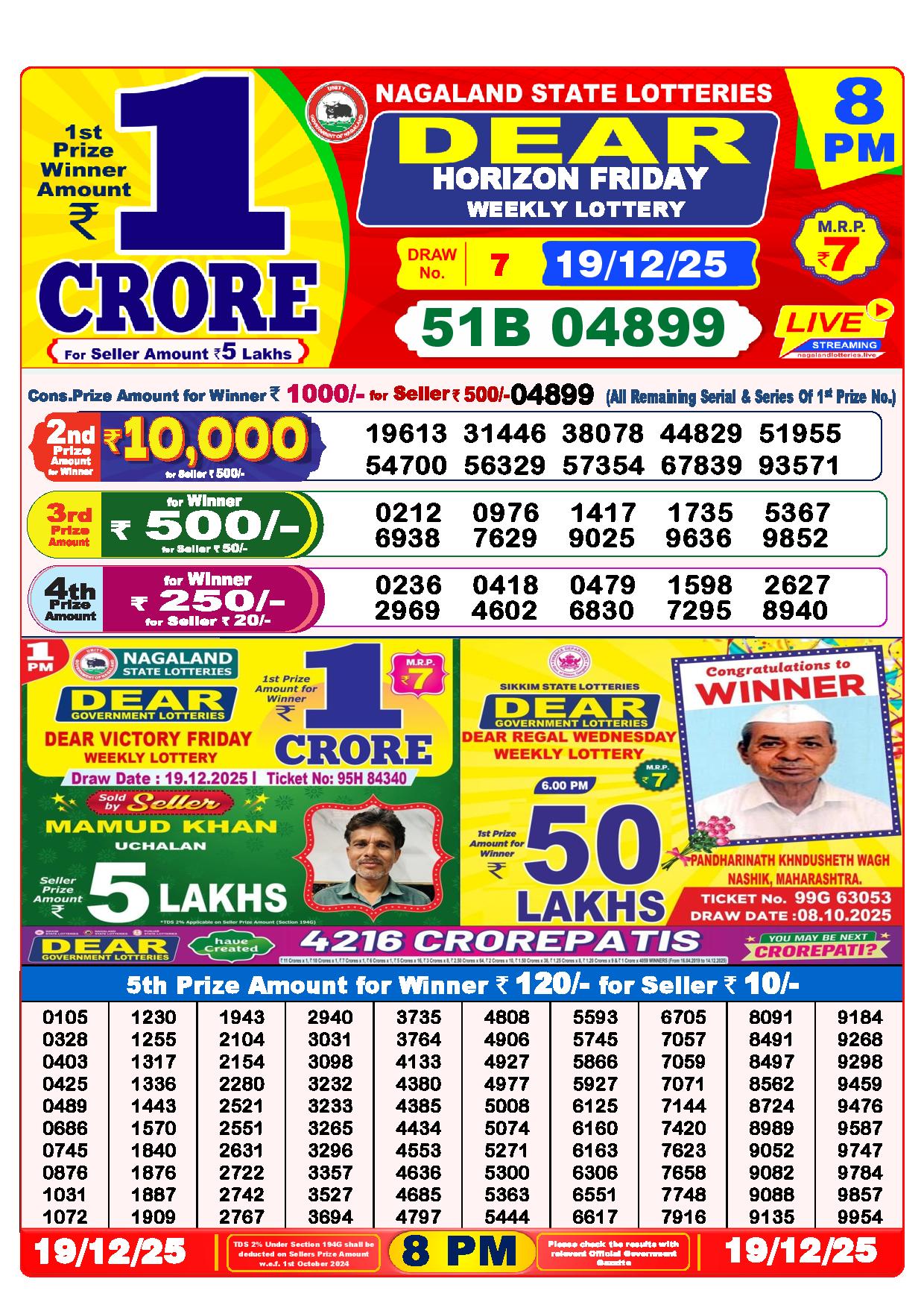 Dear Lottery Result Today 8 PM -19.12.2025