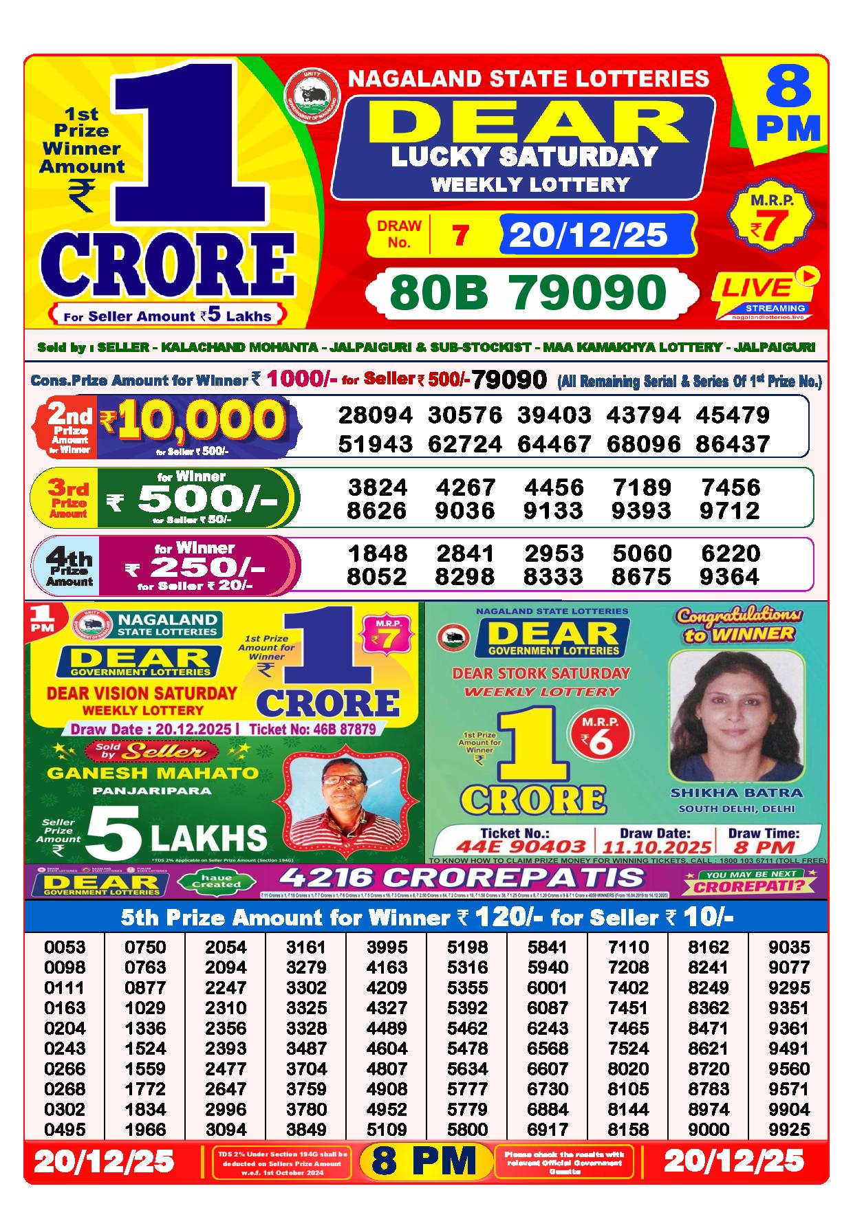 Dear Lottery Result Today 8 PM - 20 Dec 2025