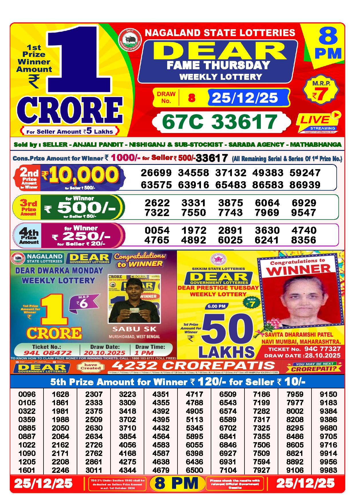 Dear Lottery Result Today 8 PM - 25 Dec 2025