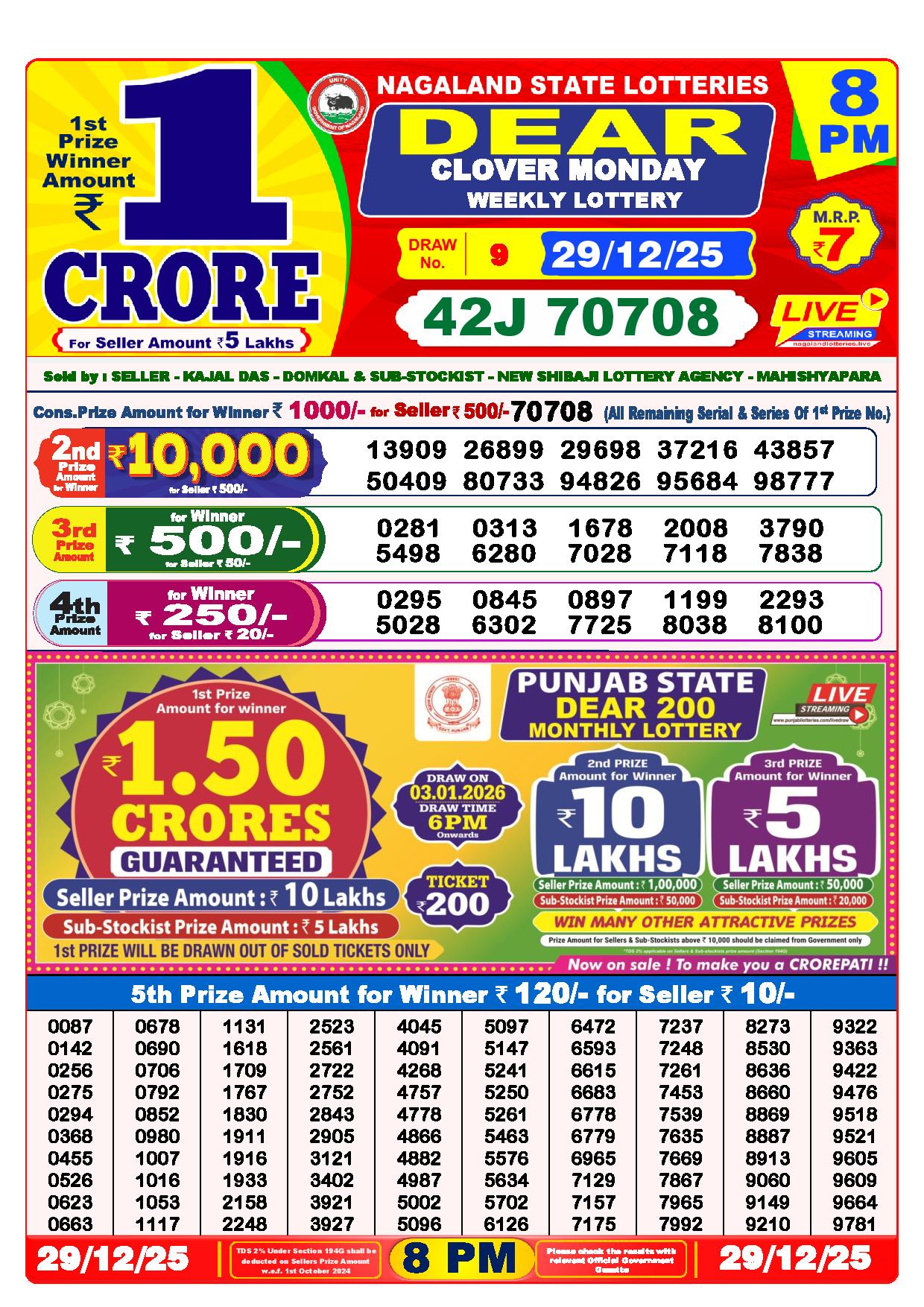 Dear Lottery Result Today 8 PM - 29 Dec 2025