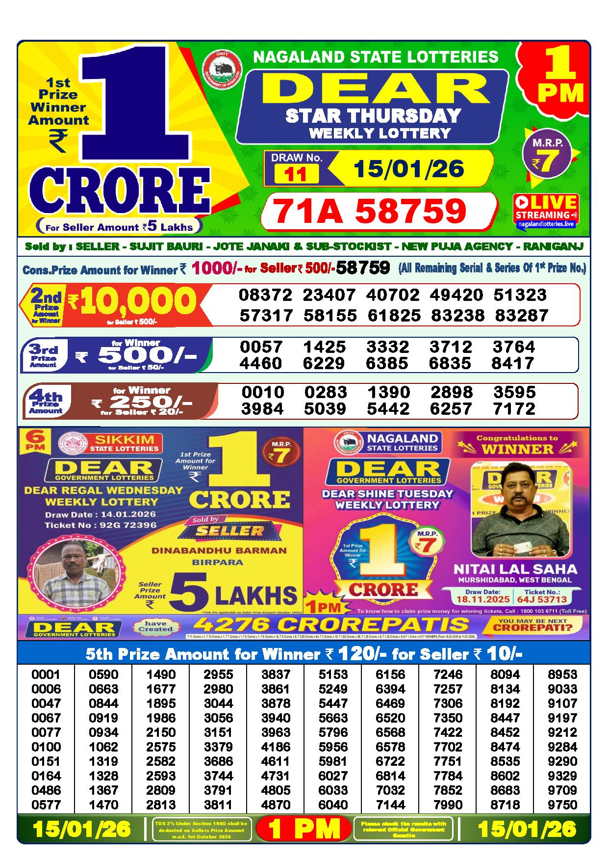 Dear Lottery Result Today 1 PM - 15 Jan 2026-