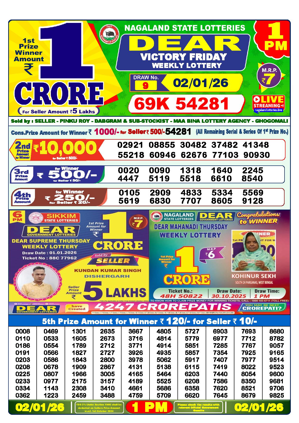 Dear Lottery Result Today 1 PM - 2 Jan 2026