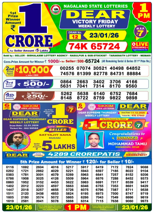 Dear Lottery Result Today 1 PM - 23 January 2026