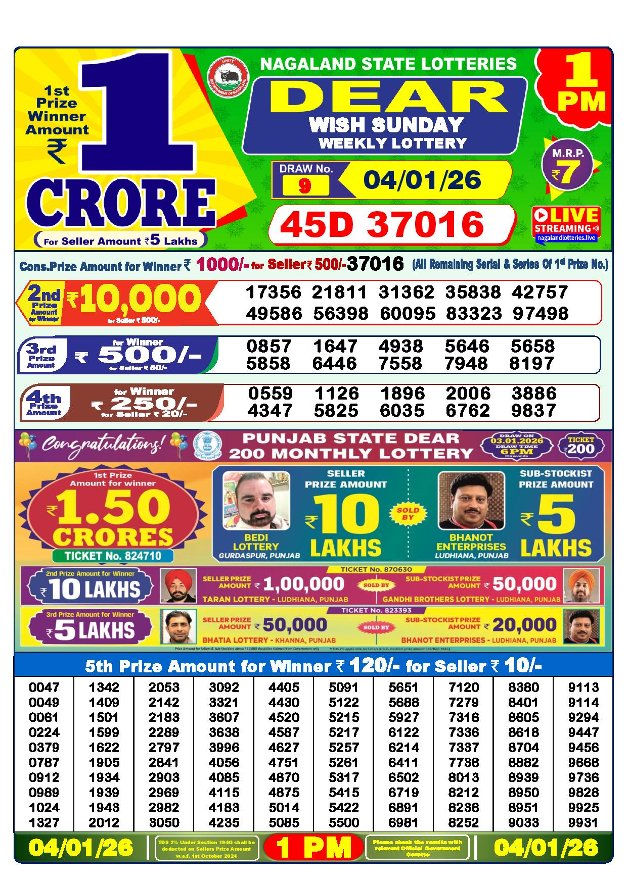 Dear Lottery Result Today 1 PM - 4 Jan 2026