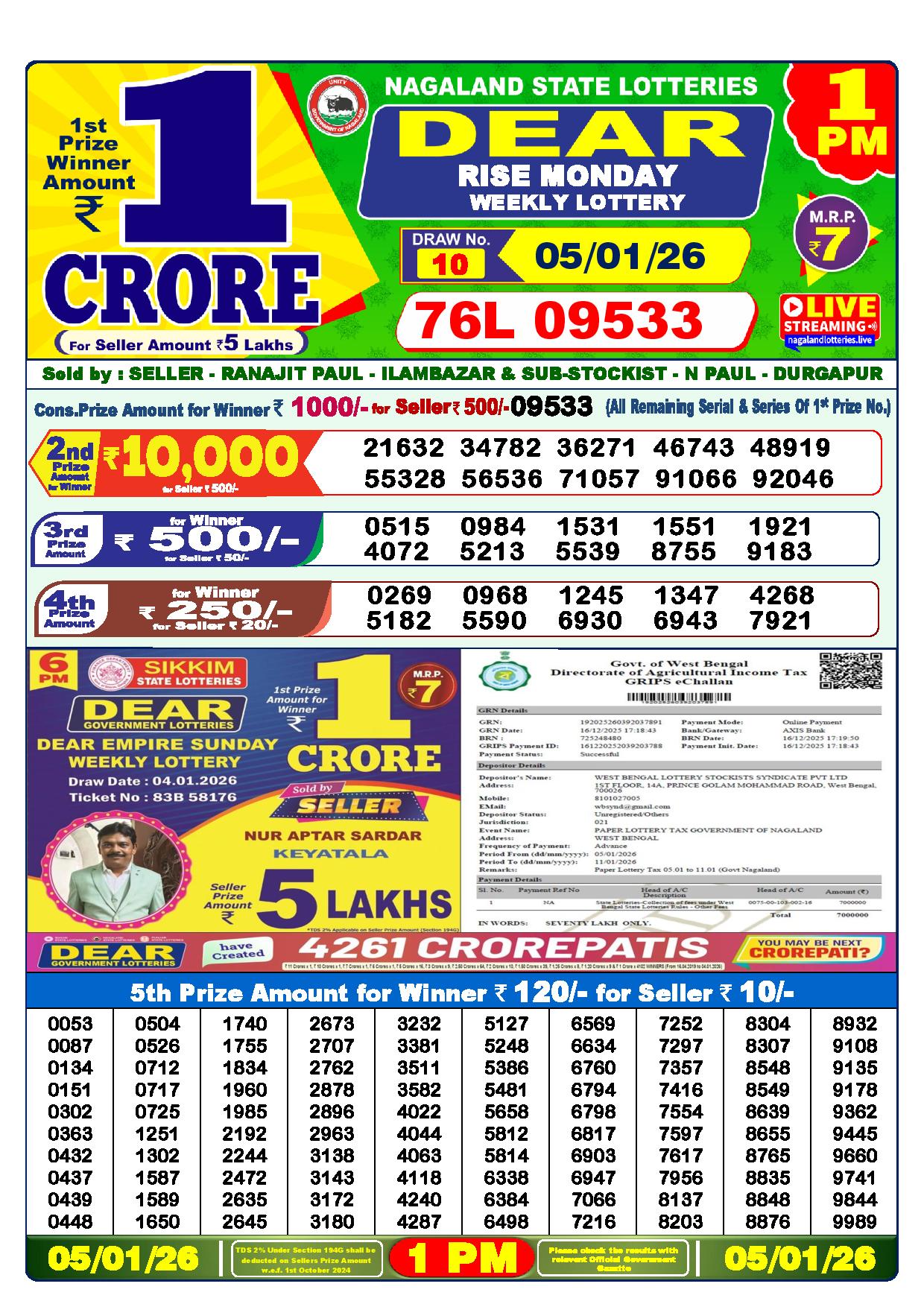 Dear Lottery Result Today 1 PM- 5 Jan 2026