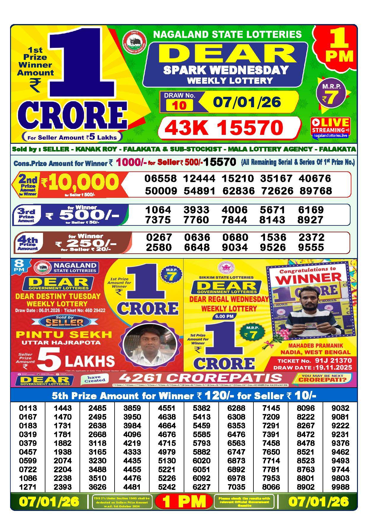 Dear Lottery Result Today 1 PM - 7 Jan 2026