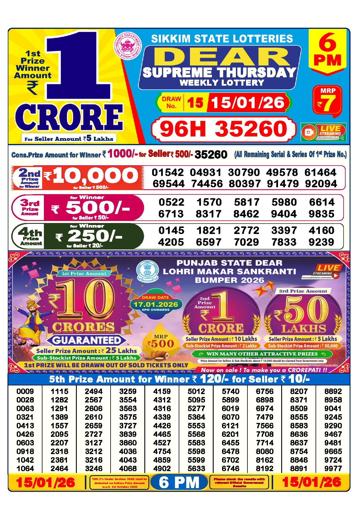 Dear Lottery Result Today 6 PM - 15 Jan 2026