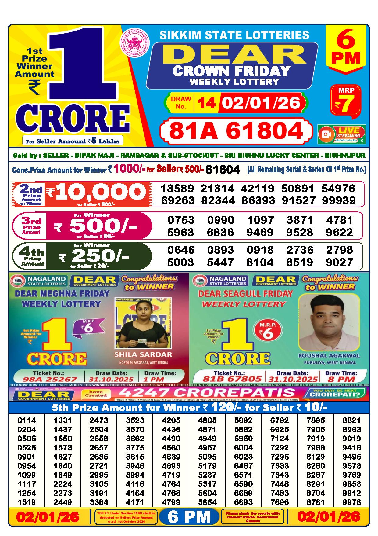 Dear Lottery Result Today 6 PM - 2 Jan 2026