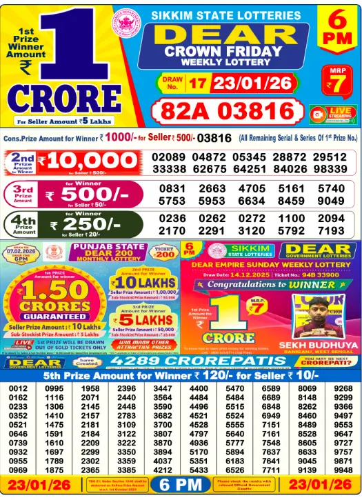 Dear Lottery Result Today 6 PM - 23 January 2026