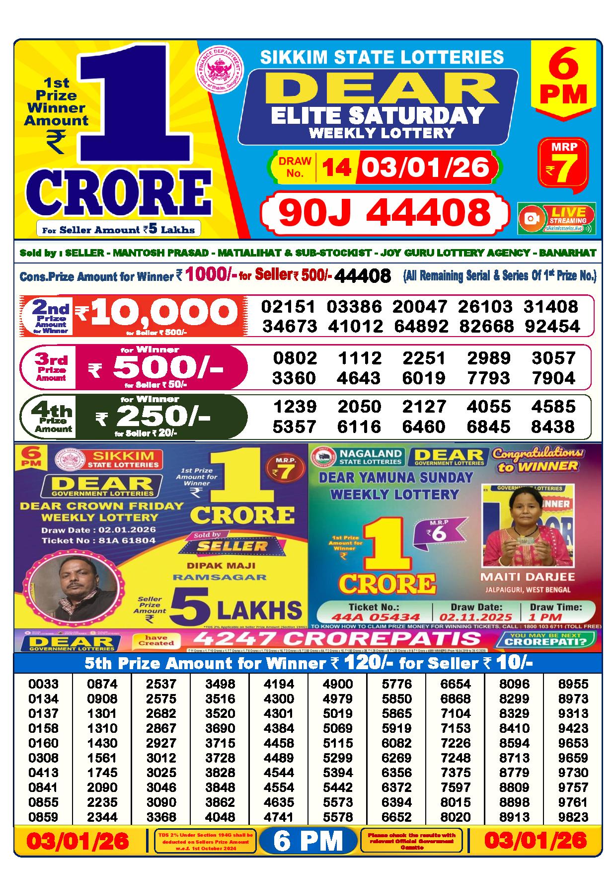 Dear Lottery Result Today 6 PM - 3 Jan 2026