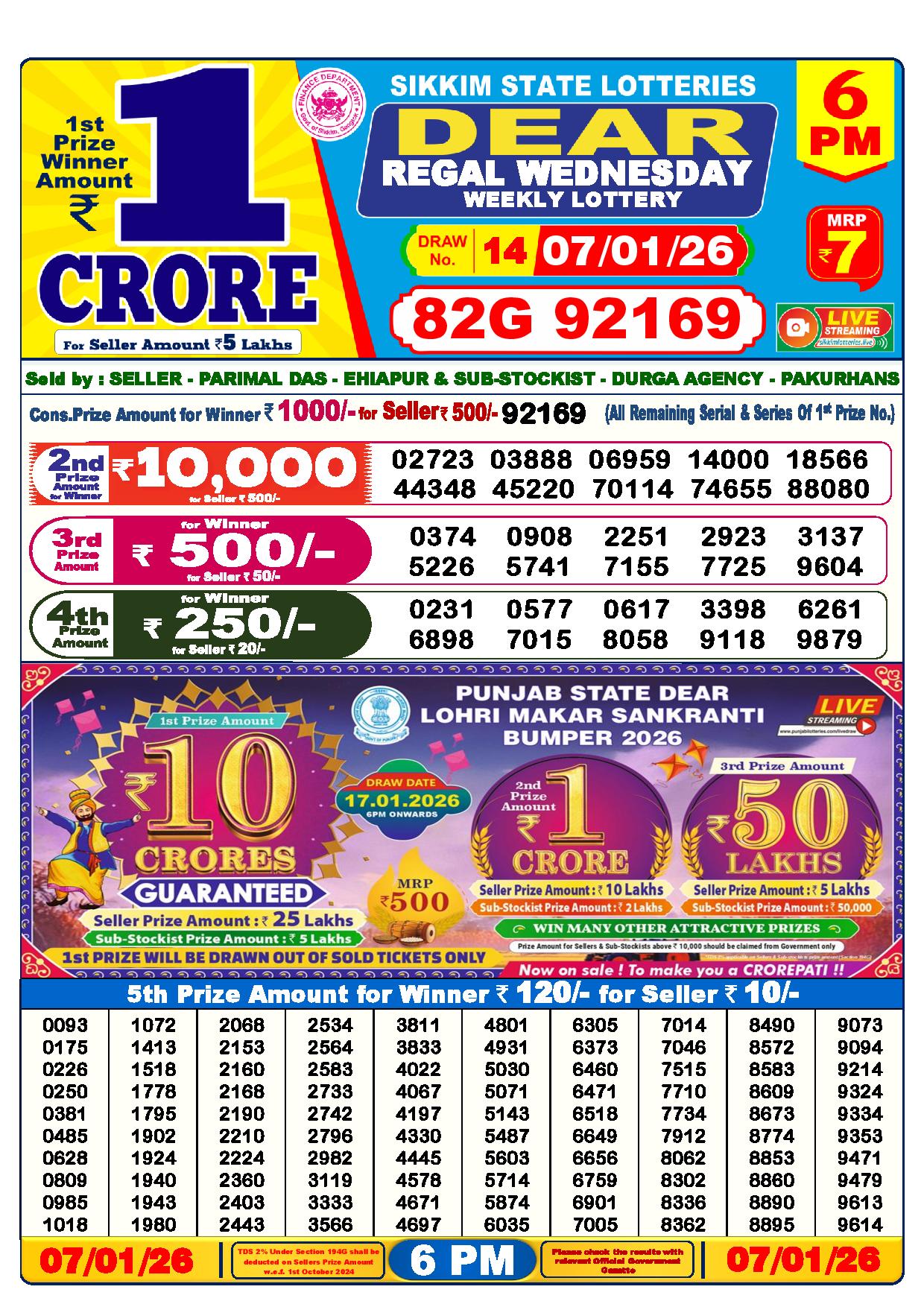 Dear Lottery Result Today 6 PM - 7 Jan 2026