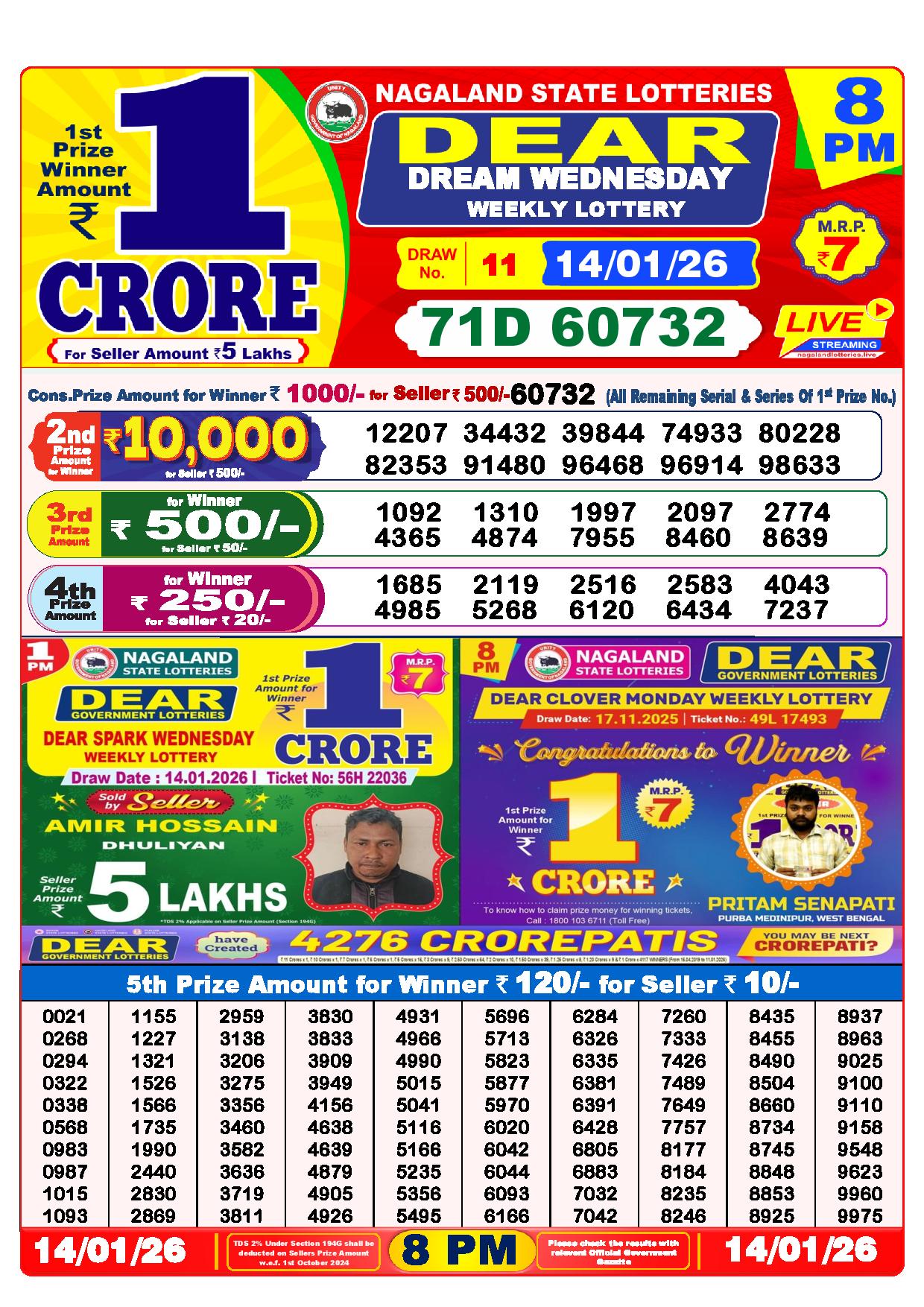 Dear Lottery Result Today 8 PM - 14 Jan 2026