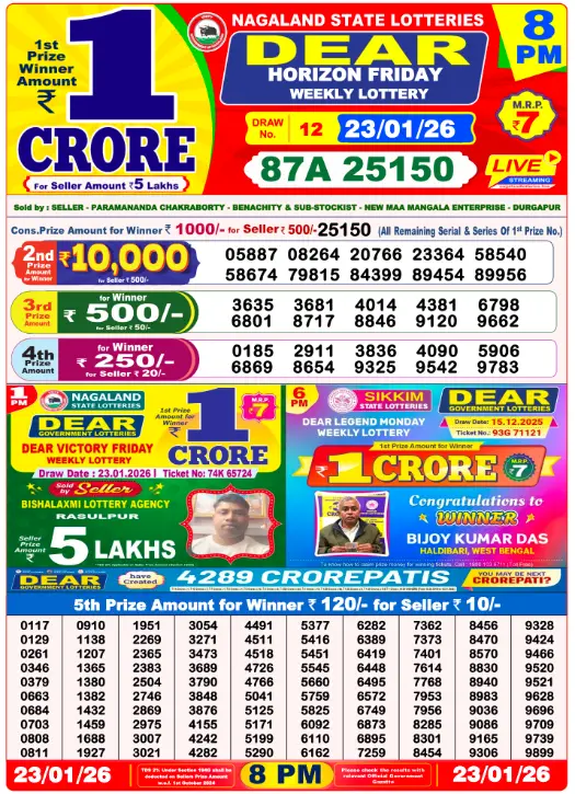 Dear Lottery Result Today 8 PM - 23 January 2026