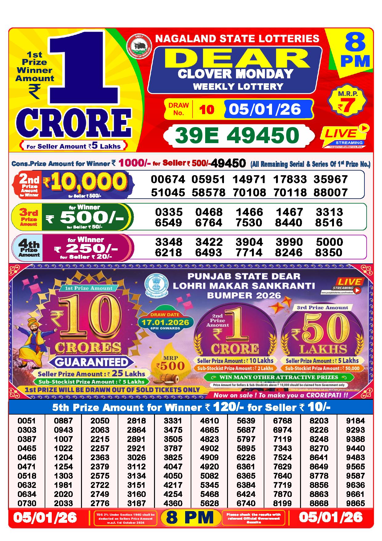Dear Lottery Result Today 8 PM - 5 Jan 2026