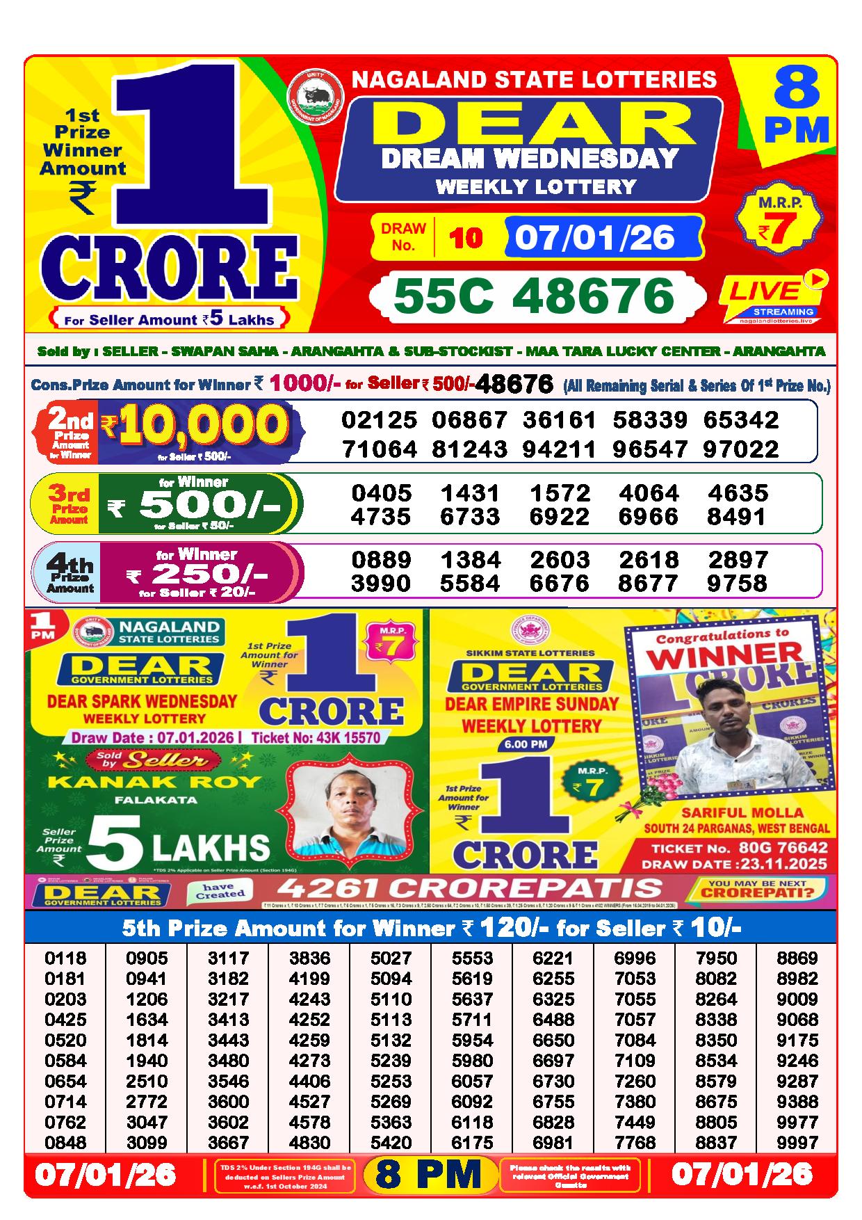 Dear Lottery Result Today 8 PM - 7 Jan 2026